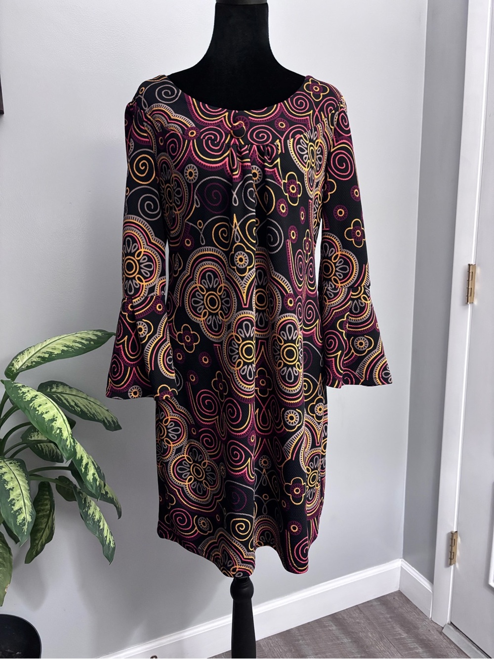 Aryeh Black Dress with Pink and Gold Swirl Print